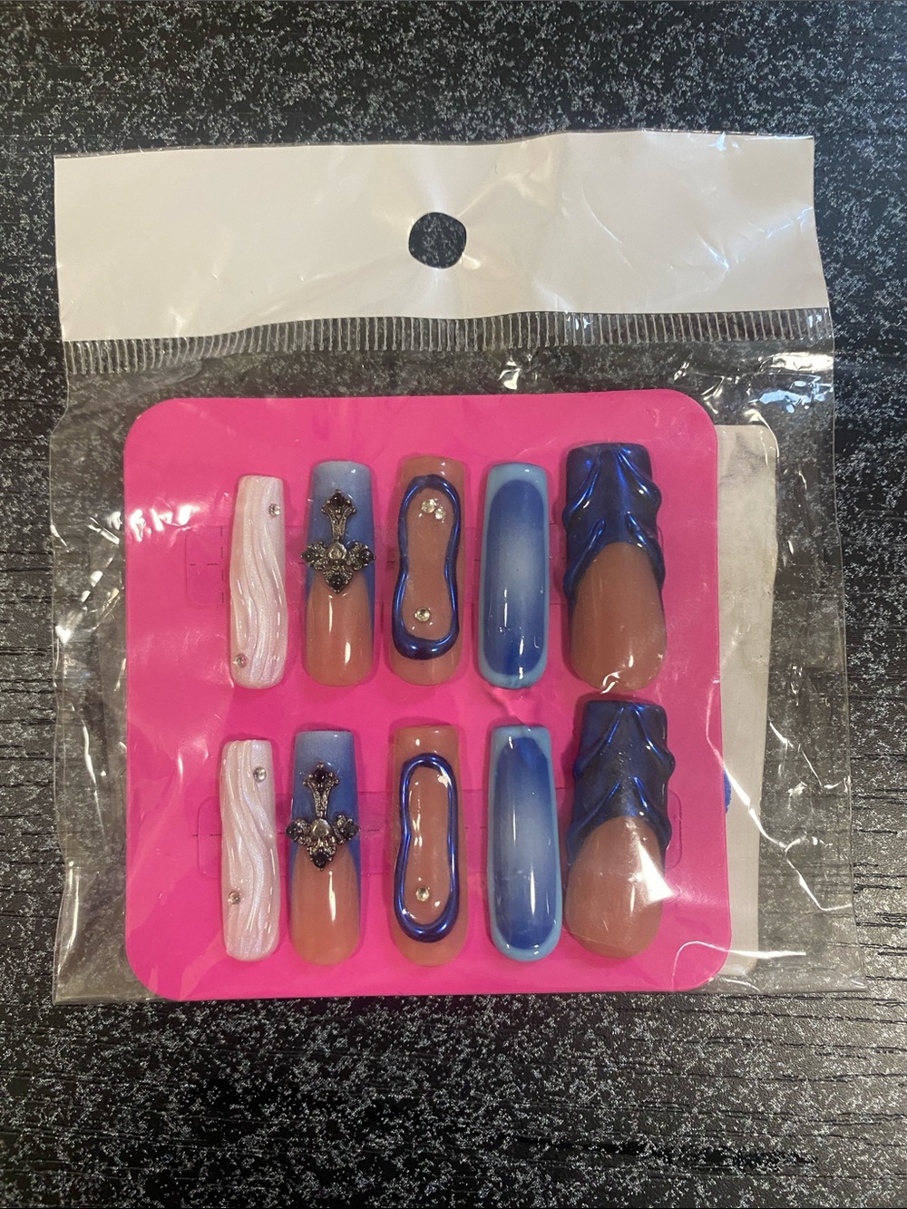 Blue and Nude Press-On Nail Set with Embellishments women M medium size manicure